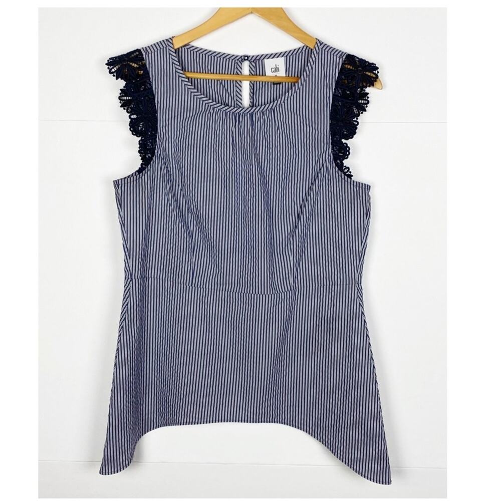 Cabi Lace Flutter Sleeve Seersucker Tank #5727 Navy White Size Medium - Picture 7 of 7